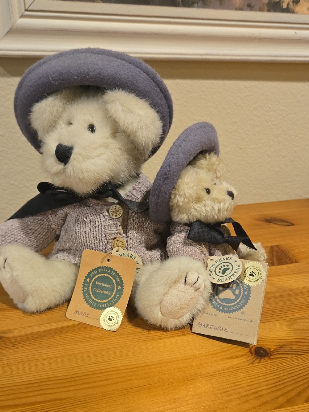 Mary & Marjorie Boyds Bears. Pair of Plush Collectable Bears in Lavender Hats